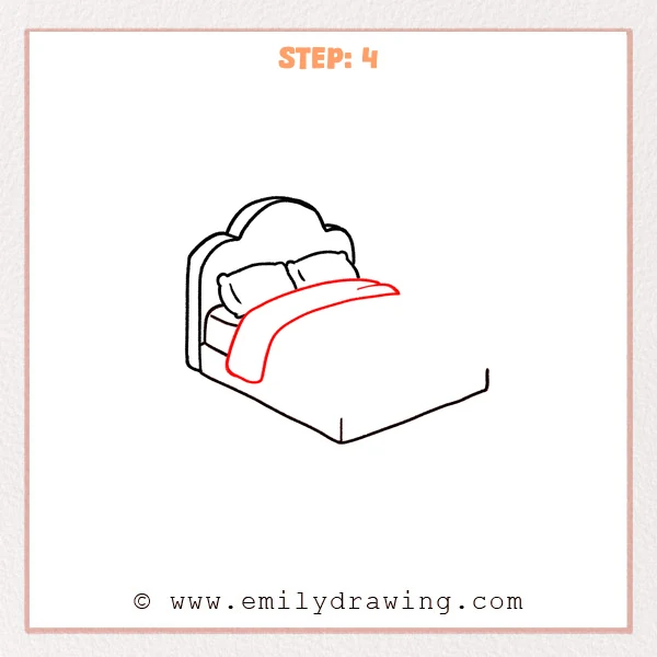 how to draw a cartoon bed - Cartoon bed with a cloud-shaped headboard, two pillows, and a curved blanket draped over the front, showing a small fold line.
